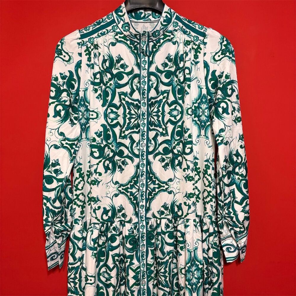 Women's White and Teal Patterned Maxi Dress